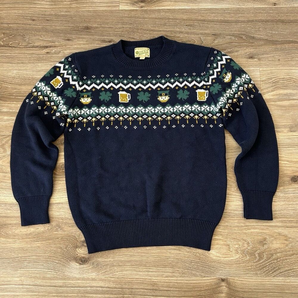 Kiel James Patrick Womens XS Irish Beer Shamrock Fair Isle Sweater Navy Cotton